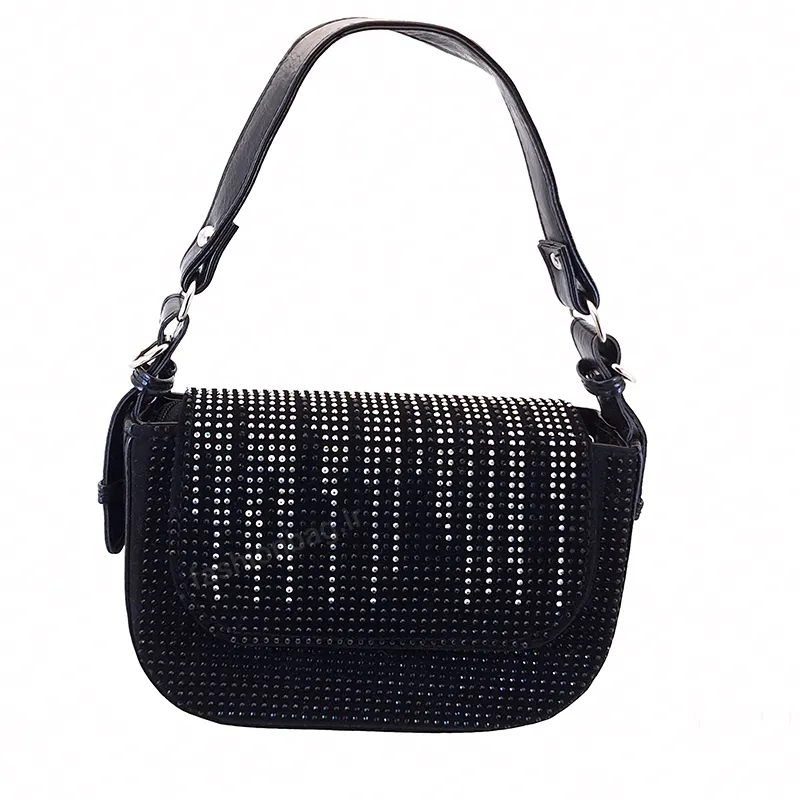 کیف دوشی زنانه مجلسی مشکی نگین‌دار مناسب استایل‌های رسمی و مهمانی، با بند مقاوم و طراحی خاص از فروشگاه فشن بگ نمای از روبه رو